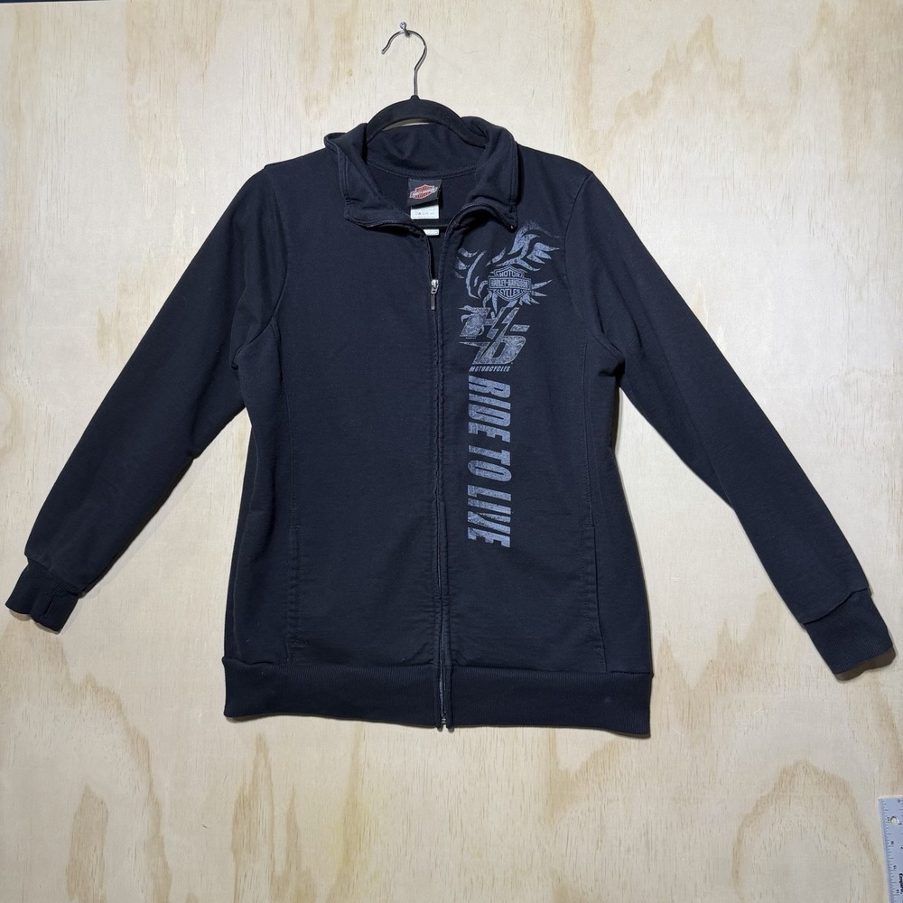 Harley Davidson Zip Up Jacket Womens Large Black Spellout Biker Casual